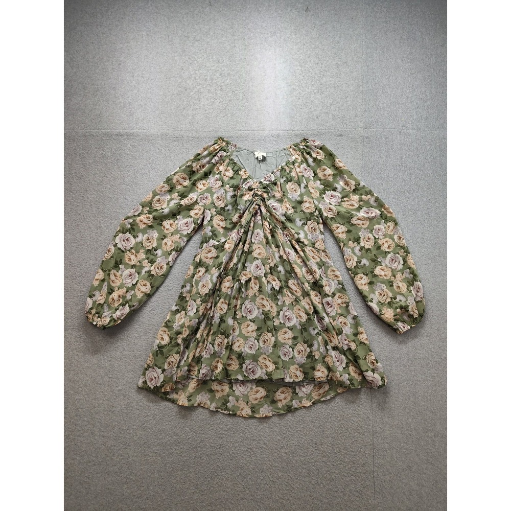 Heyson Women Dress M Green Floral Long Balloon Sleeve Fit Flare Summer Fall Mini